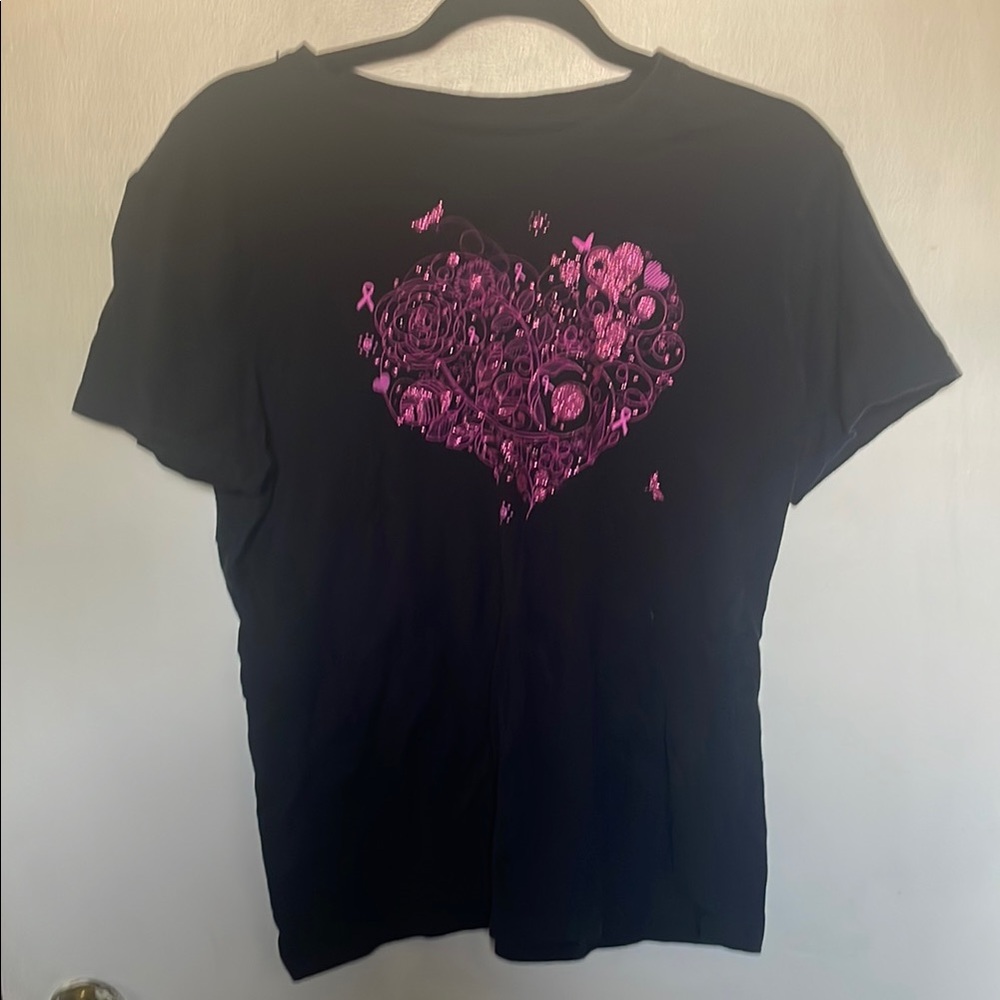 Black T-Shirt with Pink ribbon & Heart Design. Breast cancer awareness. Large.